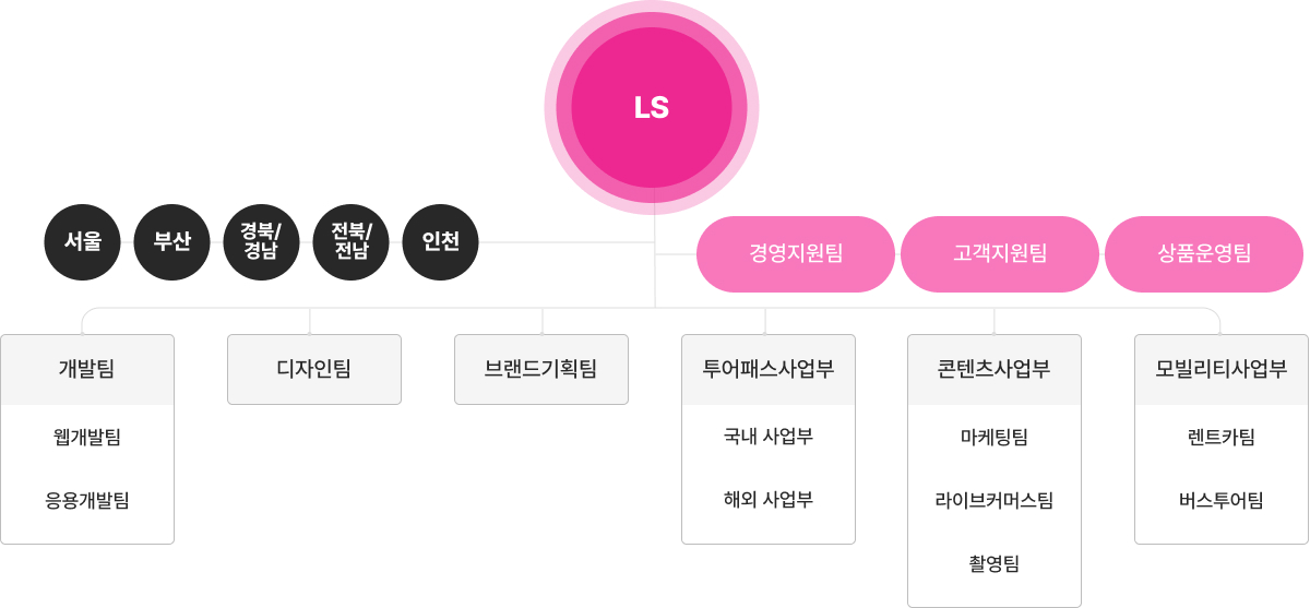 서울, 부산, 경북/경남, 전북/전남, 인천지사를 두고있으며 제주본사에는 경영지원팀, 고객지원팀, 개발팀, 디자인팀, 브랜드기획팀, 투어패스사업부, 콘텐츠사업부, 모빌리티사업부가 있습니다. 개발팀 산하에는 웹개발팀과 응용개발팀으로 나눠져있고 투어패스사업부 산하에는 제주상품기획팀과 내륙상품기획팀으로 구성되어있습니다. 콘텐츠사업부 산하에는 마케팅팀과 라이브커머스팀, 촬영팀이 구성되어 있으며 모빌리티사업부 산하에는 렌트카팀과 버스투어팀으로 구성되어 있습니다.